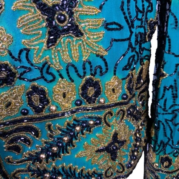 Vintage Silk Adrianna Papell Evening Dinner Jacket Beaded Turquoise Teal SM - Picture 6 of 16